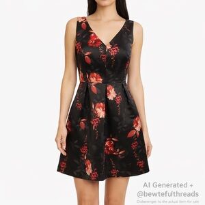 Cynthia Steffe Size 10 Black Floral Satin Fit & Flare Dress